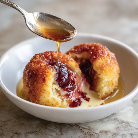 Ein weißer Teller mit einer Apfelküchle, die mit Calvados und Pflaumengelée-Kern flambiert wurde.