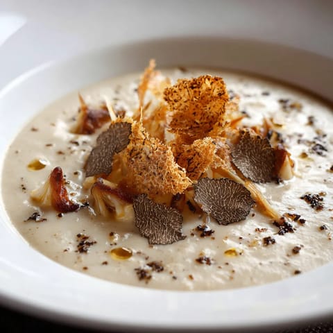 Ein weißer Teller mit einer Mischung aus Velouté Fumé de Pommes de Terre & Hochepot Forestier.