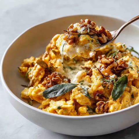 Ein weißer Teller mit Spätzle au Potiron & Noix Torréfiées, Émulsion Beurre-Sauge.