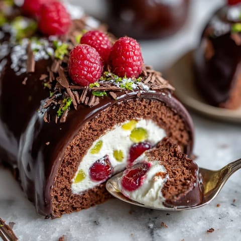 Eine Bûche Glacée de Lebkuchen au Rhum, Insert Framboise-Citron Vert & Glaçage Miroir Cacao Épicé.