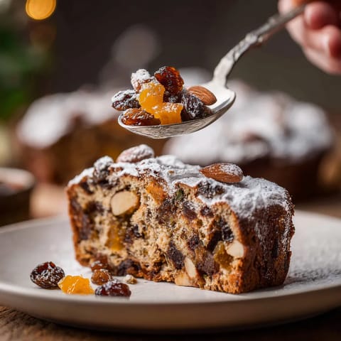 Ein Kletzenbrot mit Chocolat und Zeste d'Orange Sanguine wird mit einer Gabel gegriffen.