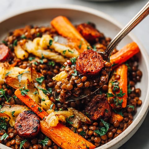 Ein Bohneneintopf mit karamellisierten Karotten, Chorizo und Spätzle.