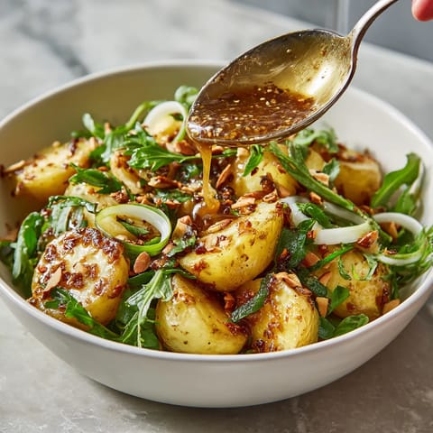 Ein weißer Kartoffelsalat mit gerösteten Mandeln, Honig und Senf.