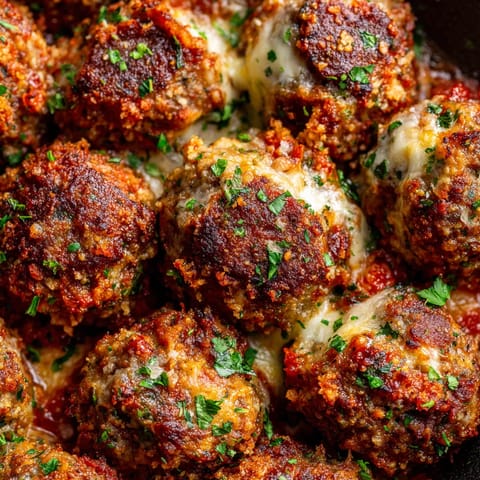 Eine Schüssel mit Frikadellen, die mit Mozzarella-Kernen und Tomaten-Kräuter-Kruste garniert sind.