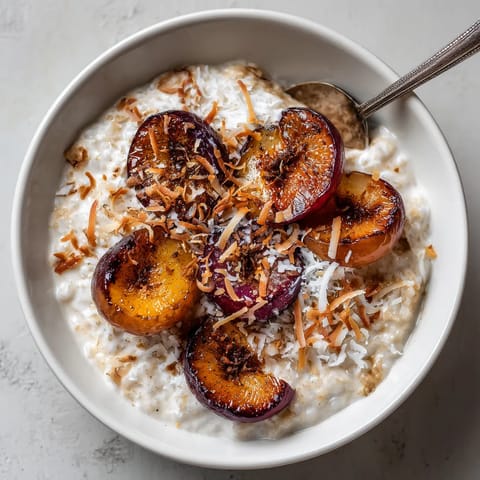Ein weißer Teller mit Cremiger Milchreis, Kokosmilch, Zimt und karamellisierten Pflaumen.