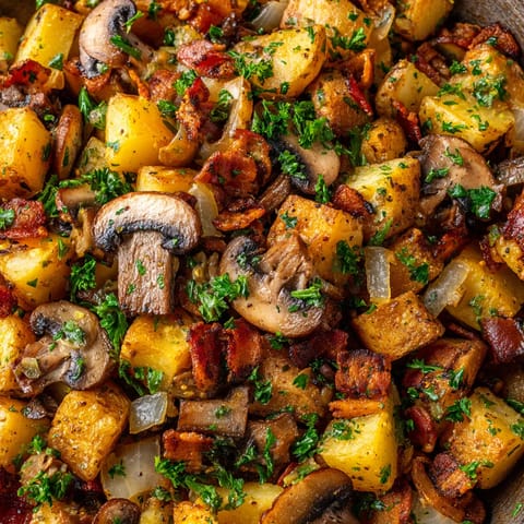 Eine Schnelle Kartoffel-Pilz-Pfanne mit Speck, die mit verschiedenen Zutaten wie Mushrooms, Potatoes, Bacon, Parsley und Onions zubereitet wurde.