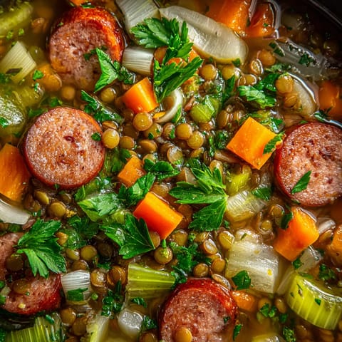 Eine Schüssel mit Linsensuppe und Wiener Würstchen.