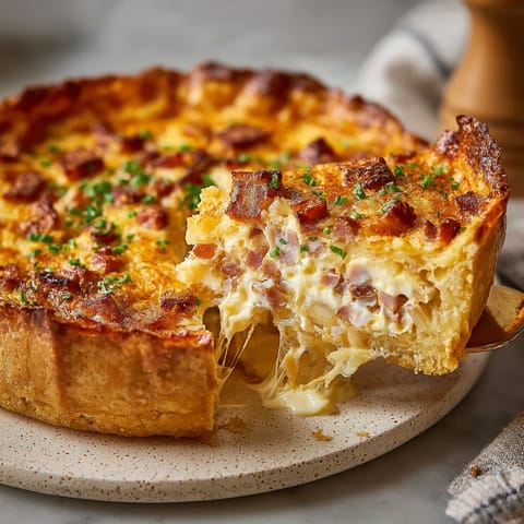 Ein Zwiebelkuchen mit Sauerrahm-Füllung auf einem Teller.