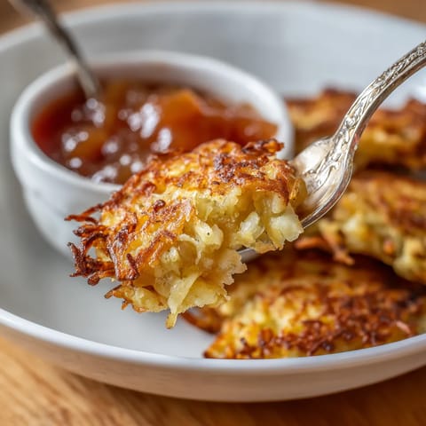 Ein weißer Teller mit einem Stück knuspriger Kartoffelpuffer, der in eine Schüssel gegeben wird.