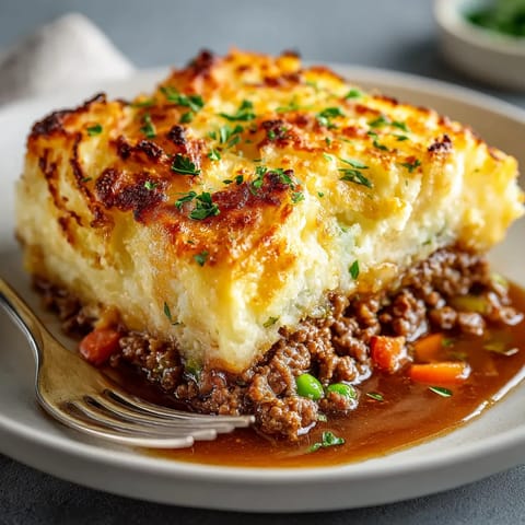 Ein Plate mit Shepherd's Pie, das eine Kombination aus Kartoffeln, Rindfleisch und Zwiebeln enthält.