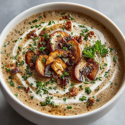 A bowl of soup with a spoon in it.