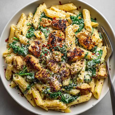 A bowl of pasta with chicken and spinach.