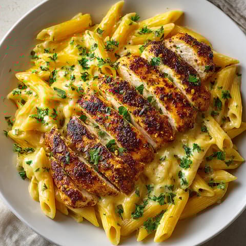 A plate of food with chicken and pasta.
