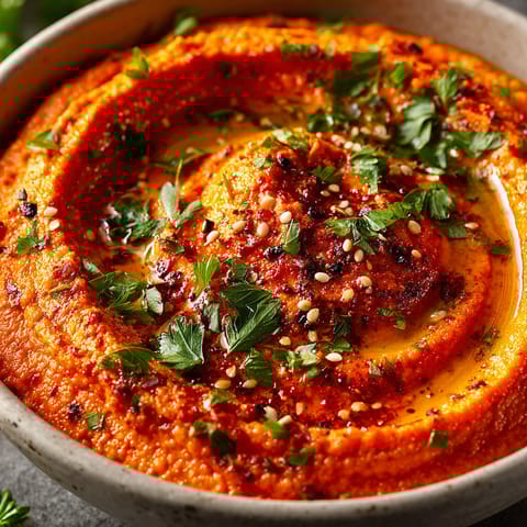 A bowl of red food with green herbs on top.