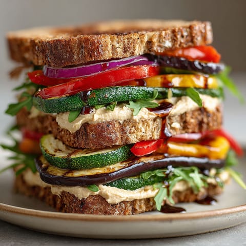 A stack of sandwiches with vegetables and hummus.