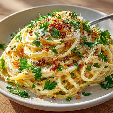 A bowl of pasta with cheese and herbs.