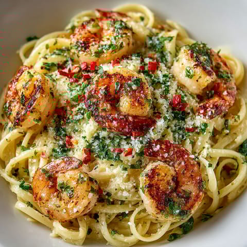 A plate of pasta with shrimp and red peppers.