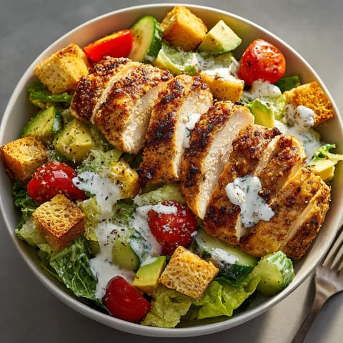 A bowl of chicken salad with tomatoes and lettuce.