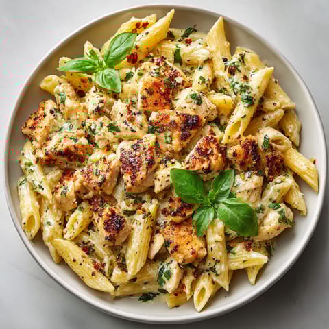 A bowl of pasta with chicken and herbs.