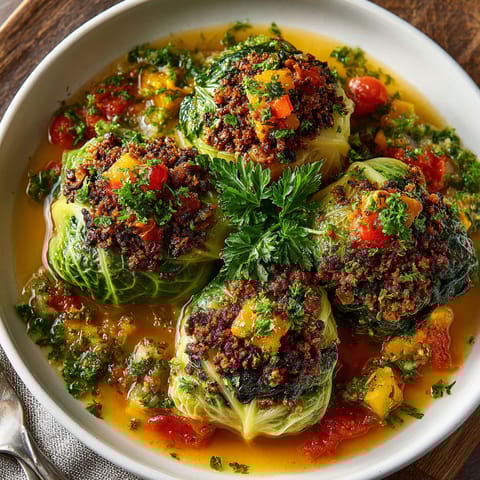 A bowl of food with a green vegetable in it.