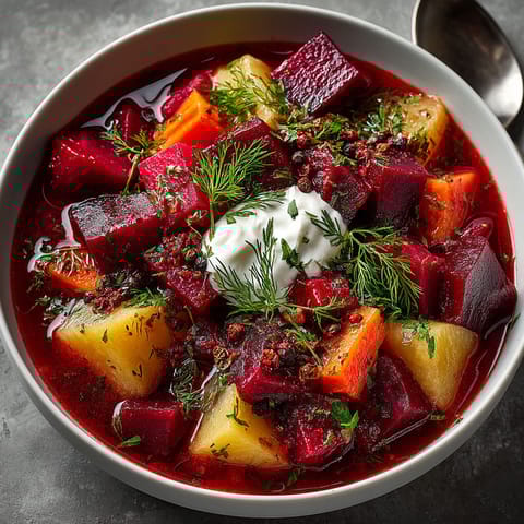 A bowl of soup with vegetables and a dollop of sour cream.