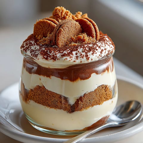 A glass jar filled with a dessert that includes cookies and cream.