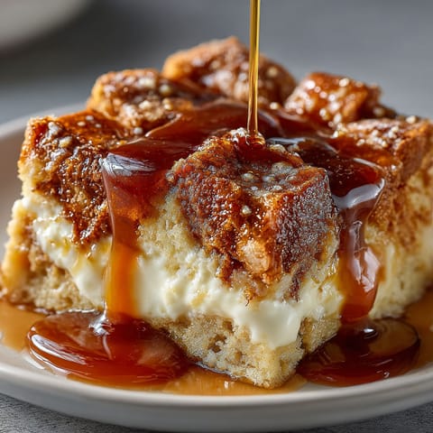 A slice of German Pretzel Bread Pudding with Caramel Sauce.