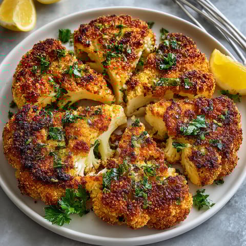 A plate of cauliflower steaks with herbs and spices.