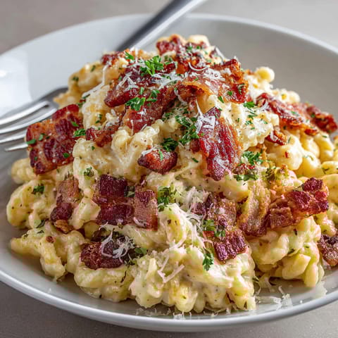 A plate of Spätzle Carbonara with Crispy Bacon.