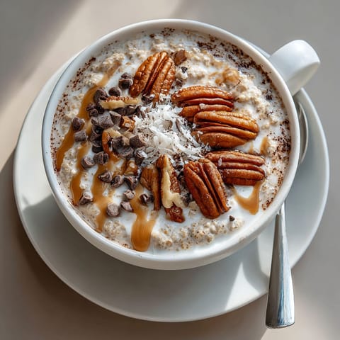 A cup of oatmeal with chocolate chips and nuts.