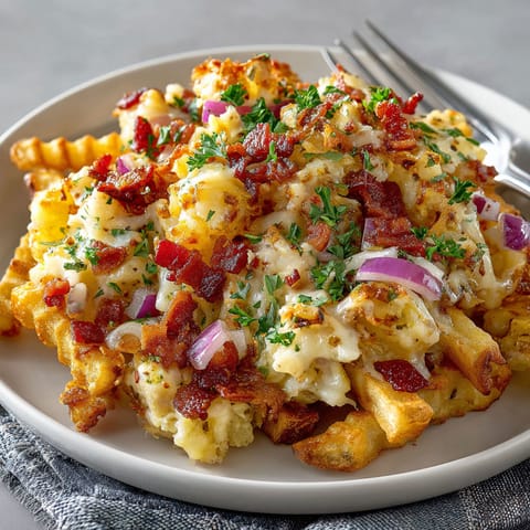 A plate of food with bacon and cheese.