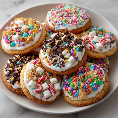 A plate of colorful cookies with marshmallows and chocolate chips.