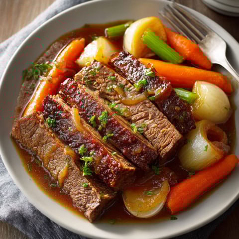 A plate of beef and vegetables.