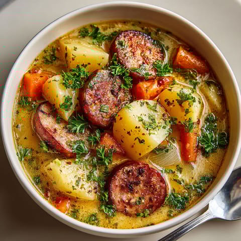 A bowl of soup with sausage and vegetables.