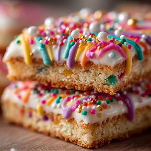 A close up of a colorful cake with sprinkles.