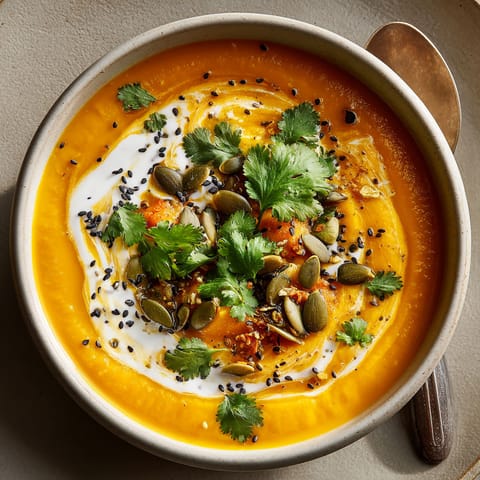 A bowl of soup with a spoon in it.