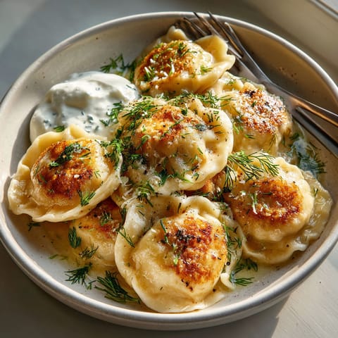 A bowl of pasta with sauce and herbs.