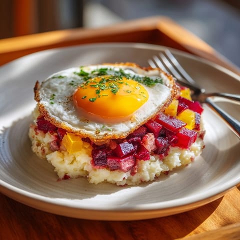 Labskaus Zutaten, fotografiert: Traditionelles Labskaus Rezept mit Erw&auml;hnung von Kartoffeln, gep&ouml;keltem Fleisch und eingelegter Rote Bete.