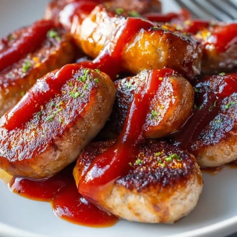 Saftige Currywurst, dampfend mit lebhaftem Currypulver, ein schnelles und befriedigendes deutsches Streetfood-Rezept.