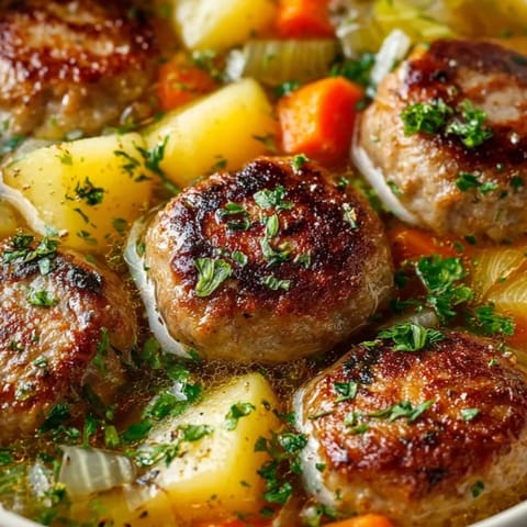 Schnelle deutsche Wurstsuppe, abgebildet mit Kartoffeln, Karotten und Wurst in einer reichen Brühe.