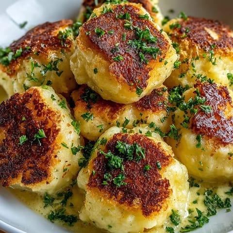 Goldbraune, gebratene Brotwürfel füllen weiche, herzhafte deutsche Kartoffelklöße (Kartoffelklöße).