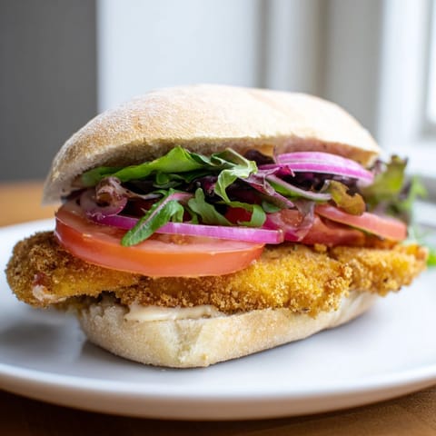 Goldbraun gebratenes Kürbis-Schnitzel im Sandwich, serviert mit knackigem Salat und würzigem Senf-Dip.