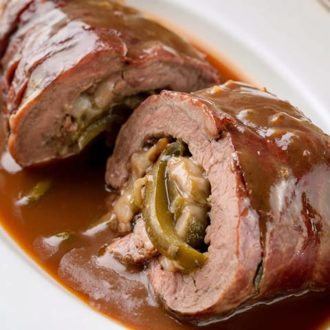 Klassische Rinderrouladen, ein köstliches Rezept mit herzhafter Füllung aus Speck, Gurken und Senf.