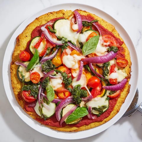 Frisch zubereitete Kichererbsenmehlpizza mit geröstetem Bio-Gemüse, servierfertig und dampfend.