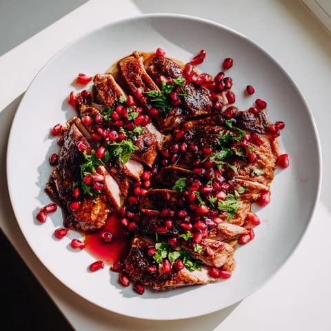 Golden-skinned Roasted Duck Breast with Pomegranate Reduction, a French classic, perfectly plated and juicy.