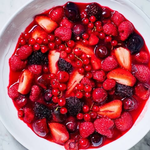 Freshly made Rote Grütze dessert, showcasing red berries and creamy vanilla sauce drizzled on top for serving.