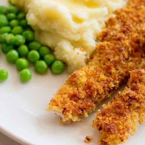 Crispy oven baked fish sticks paired with buttery mashed potatoes and sweet peas, ready to eat.