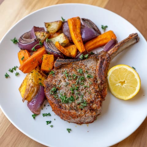 Golden-brown The Perfect Sheet Pan Pork Chop rests on a bed of caramelized root veggies, ready to serve.