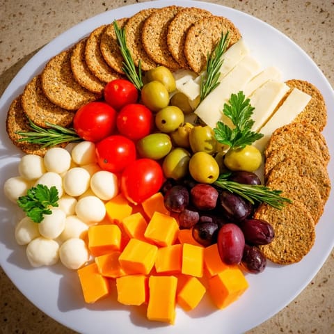 Holiday-ready Jingle Bell Cheese & Cracker Wreath, a delicious appetizer with fresh herbs and cheeses.