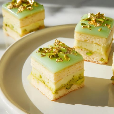 Zarte, mehrschichtige Grenouille Royale Petits Fours mit Pistaziencreme, serviert zu einer Tasse Earl Grey Tee.